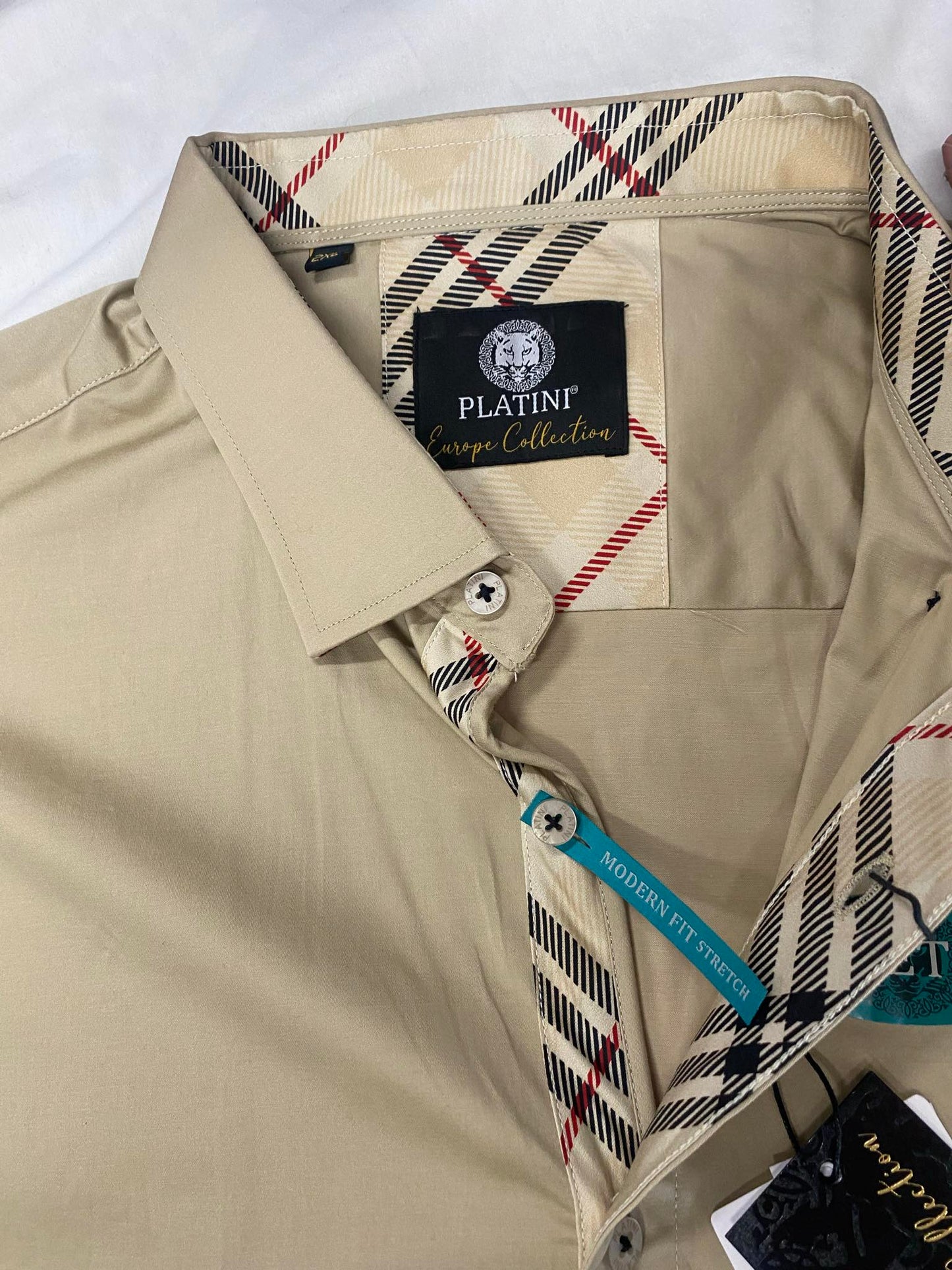 Platini Beige with Striped Collar Men Dress Shirt