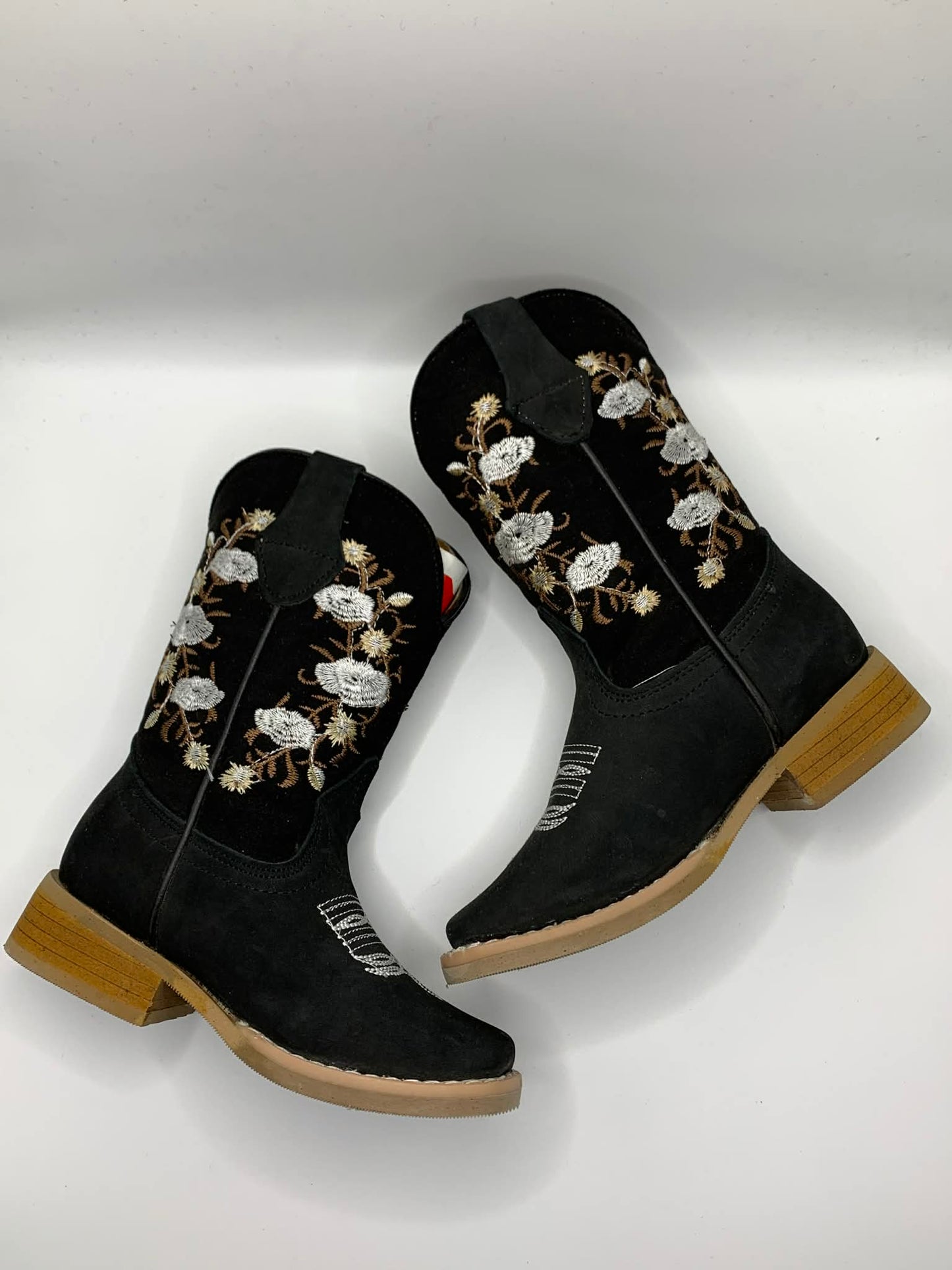 Kids Black Boots With White Flowers