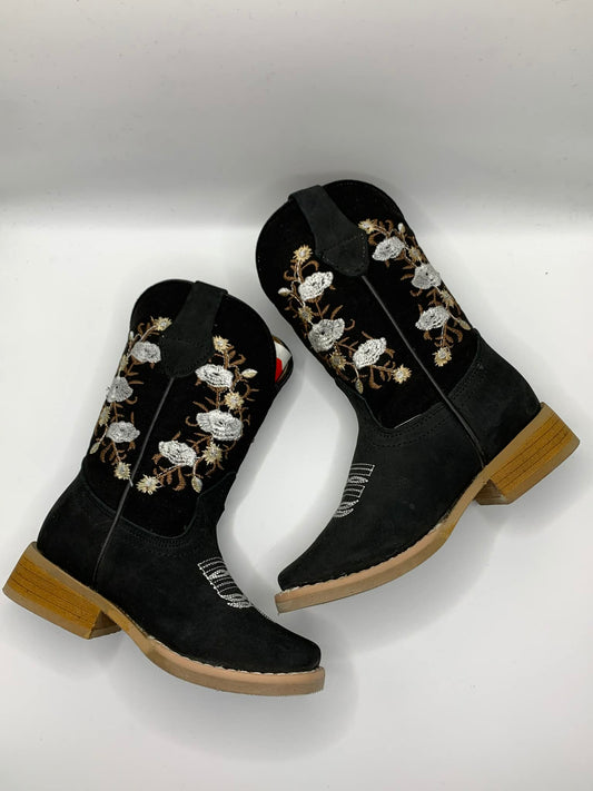 Kids Black Boots With White Flowers