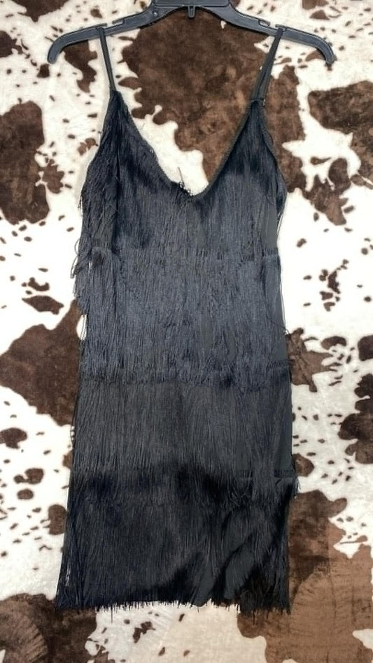 black fringe dress